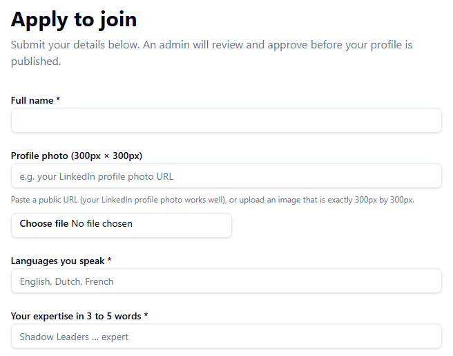 Apply to join page on lovable for new members Shadow Leaders