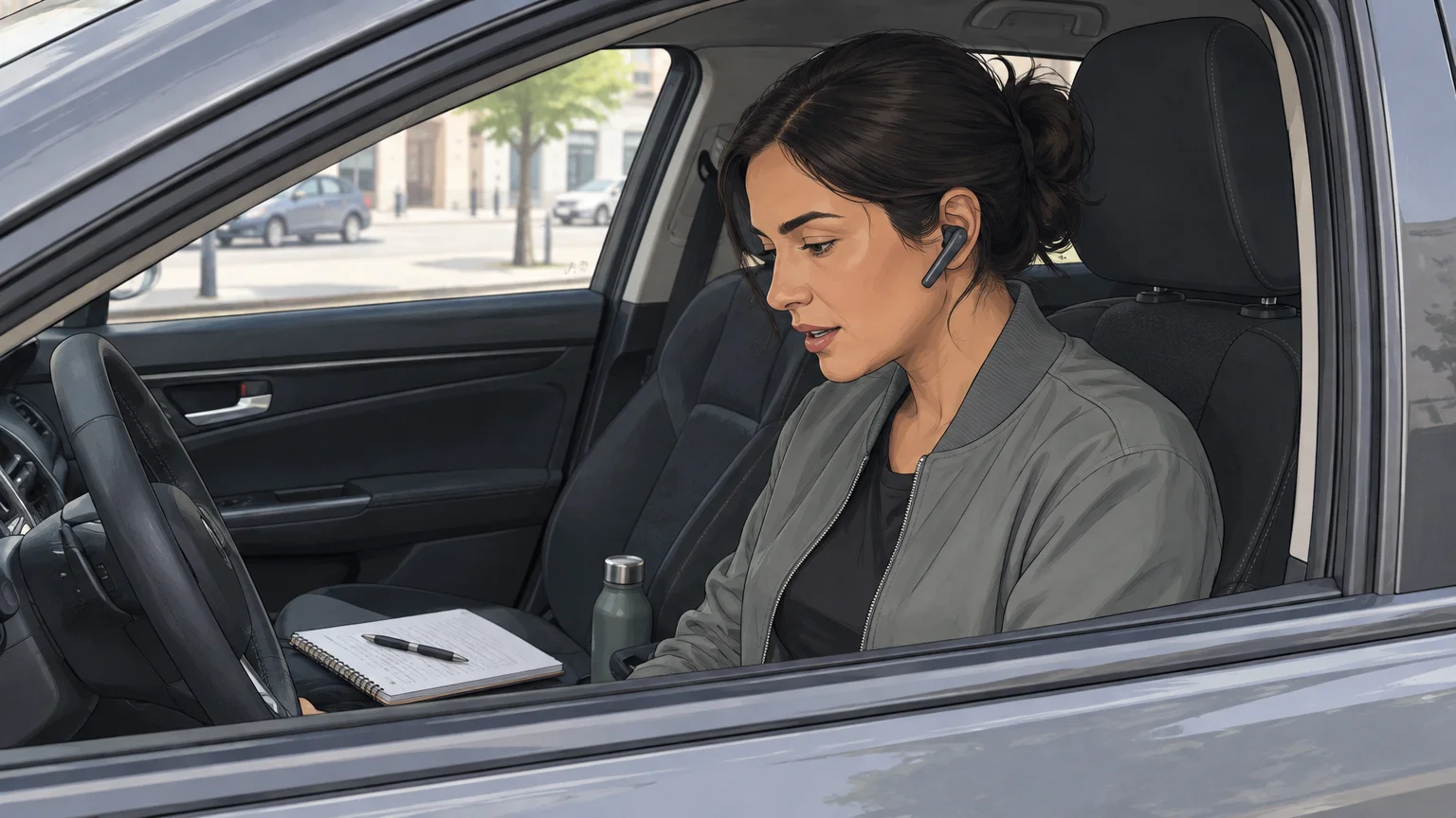 Startup founder taking a hands-free call from a parked car