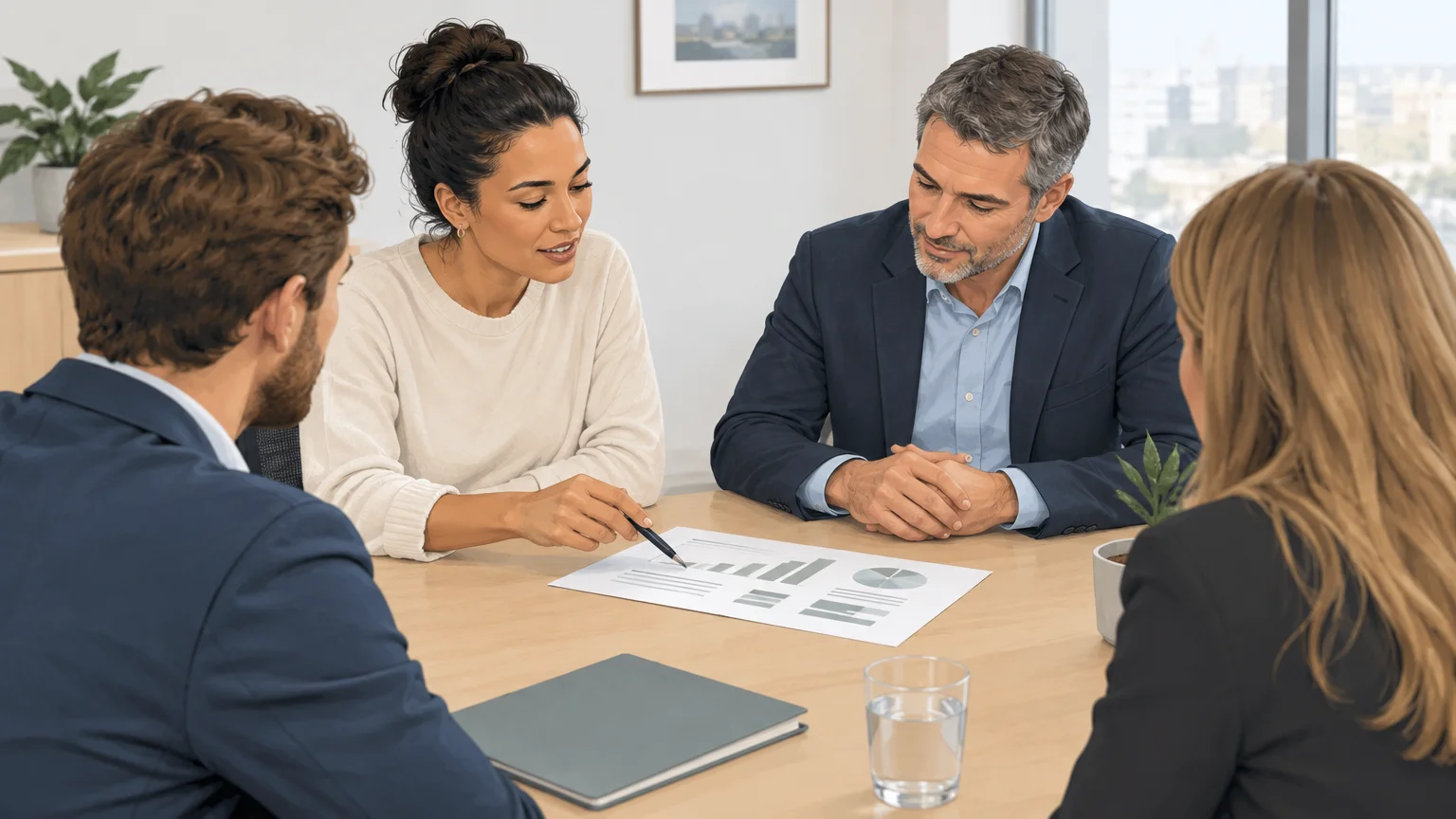 Startup founder and growth advisor discussing priorities with customers in an office