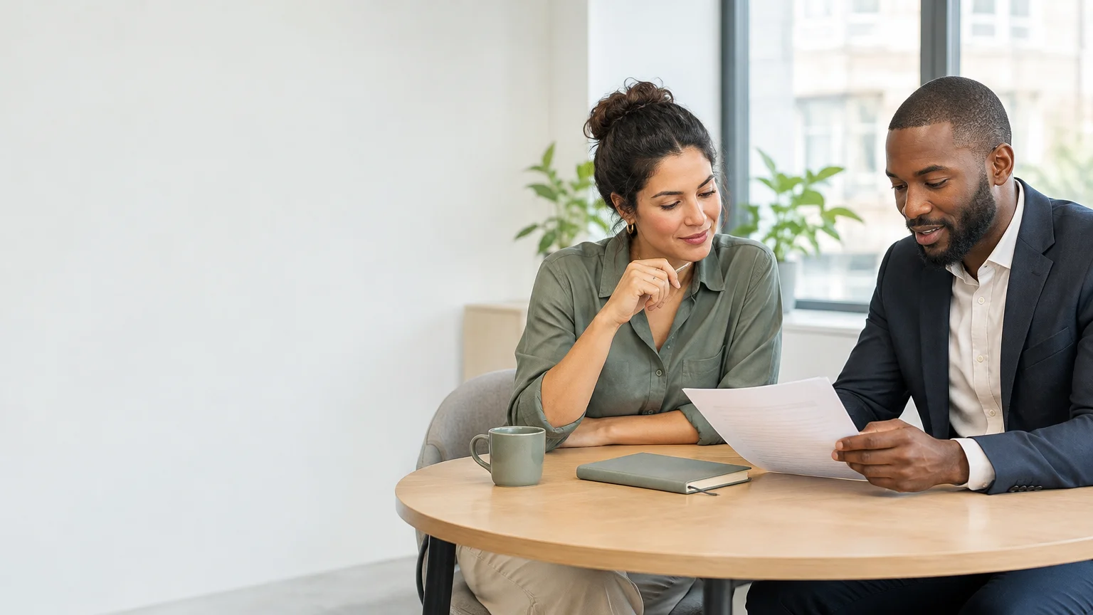 A diverse startup founder and fractional marketing advisor discussing growth priorities in a US office