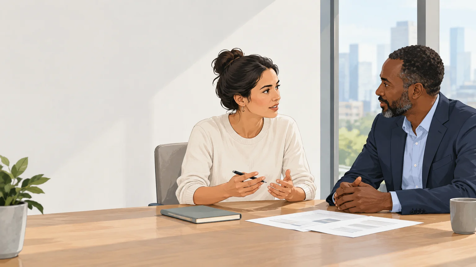 A founder and experienced advisor discussing a growth decision in a modern office