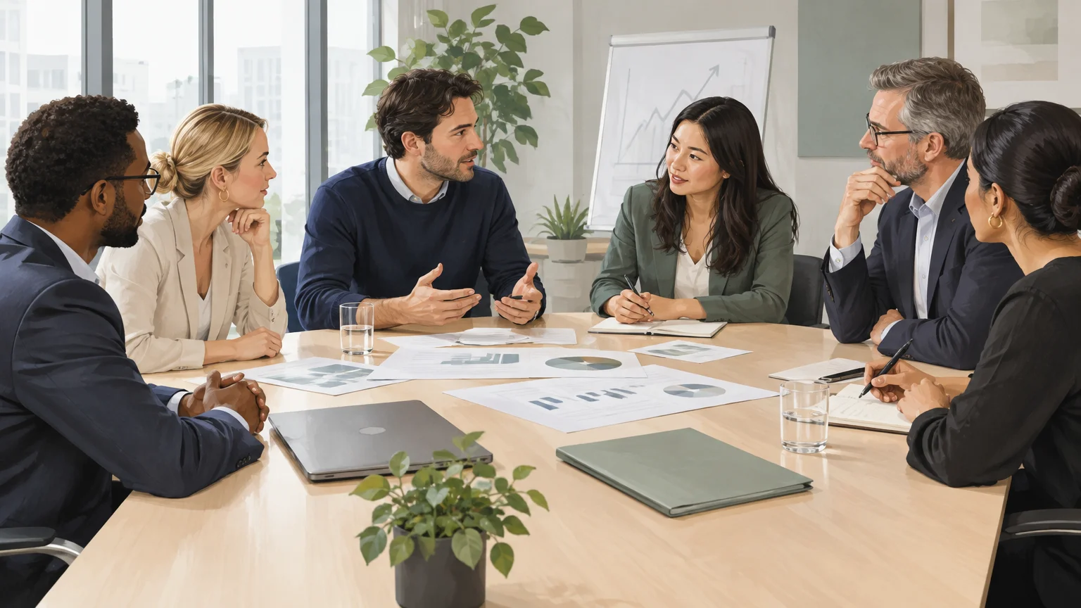 Founders and advisors discussing a growth plan during an office meeting