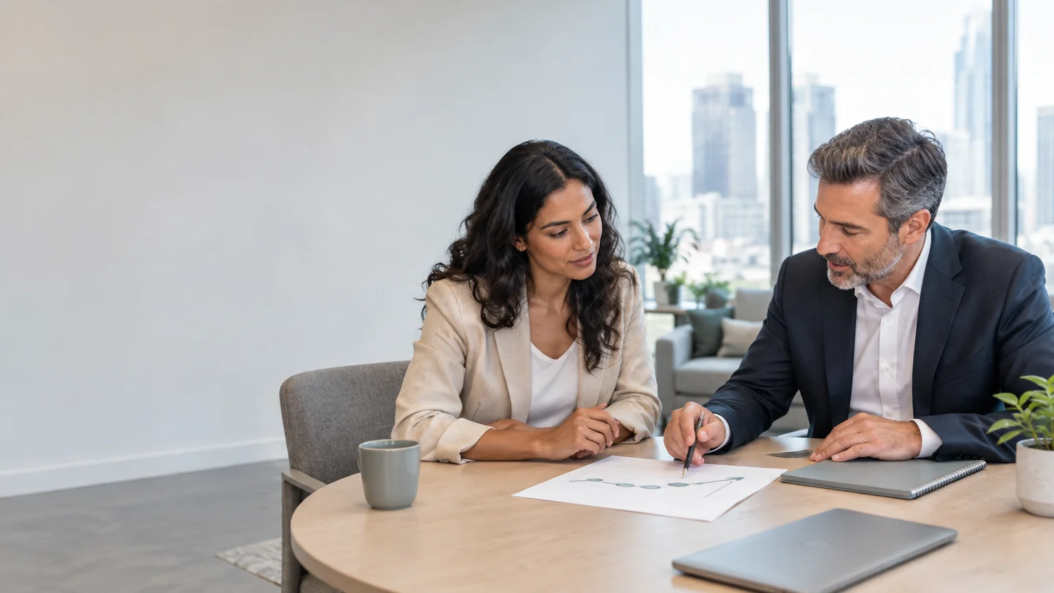 Founder and advisor discussing growth strategy in a modern office