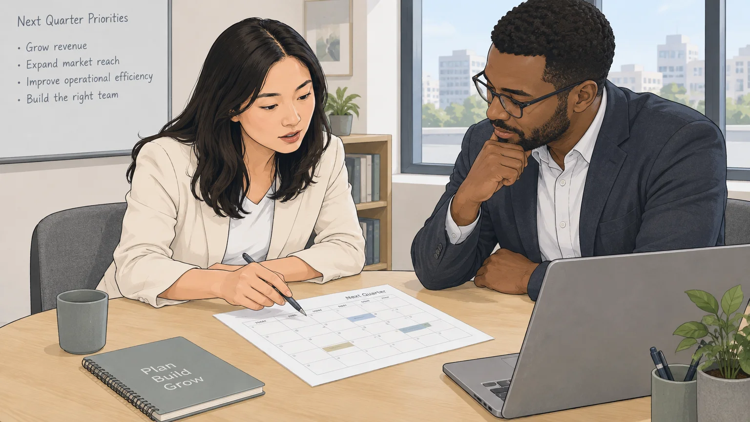 A founder and advisor plan sales opportunities for the next quarter in an office