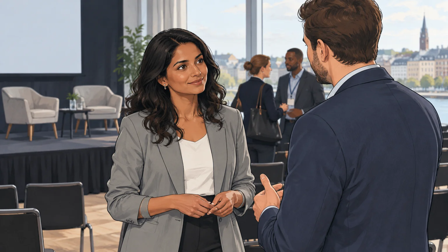 A founder speaks with a prospective customer at a business conference